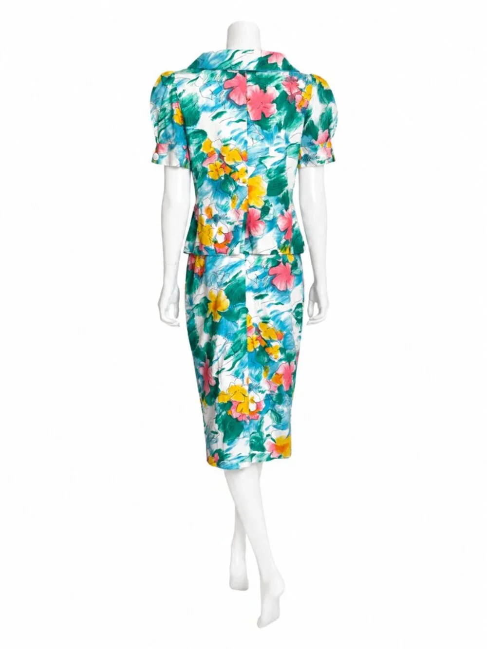 Vintage Equateur Paris Floral 2pc Skirt Suit French Puff Sleeve Set NOS Sz 42